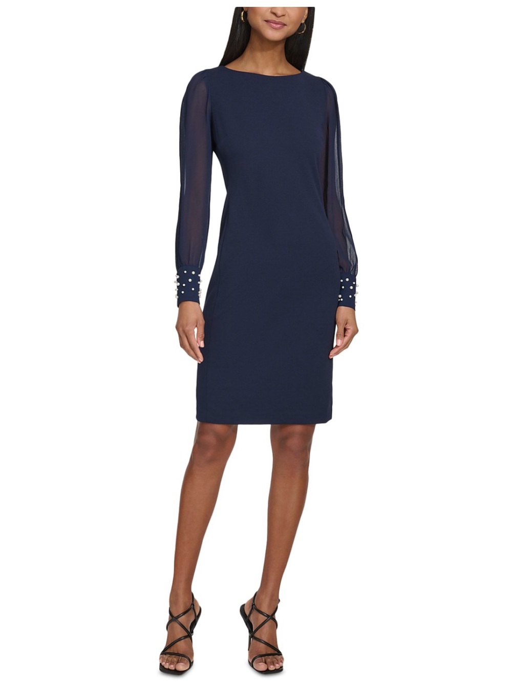 KARL LAGERFELD PARIS Scuba Crepe Chiffon Sleeve Sheath Dress Navy Size 10